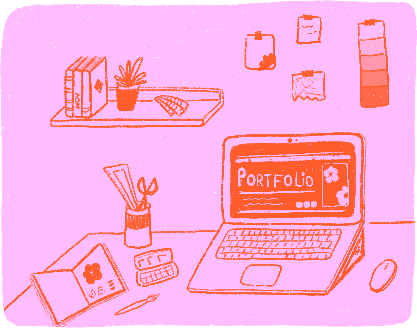 set de trabajo naranja con fondo rosa Trama Print Studio - Diseño de estampas en Illustrator